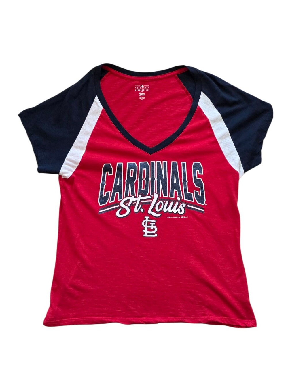 St Louis Cardinals XL Red V Neck Colorblock Sparkle MLB Tee Shirt Extra Large
